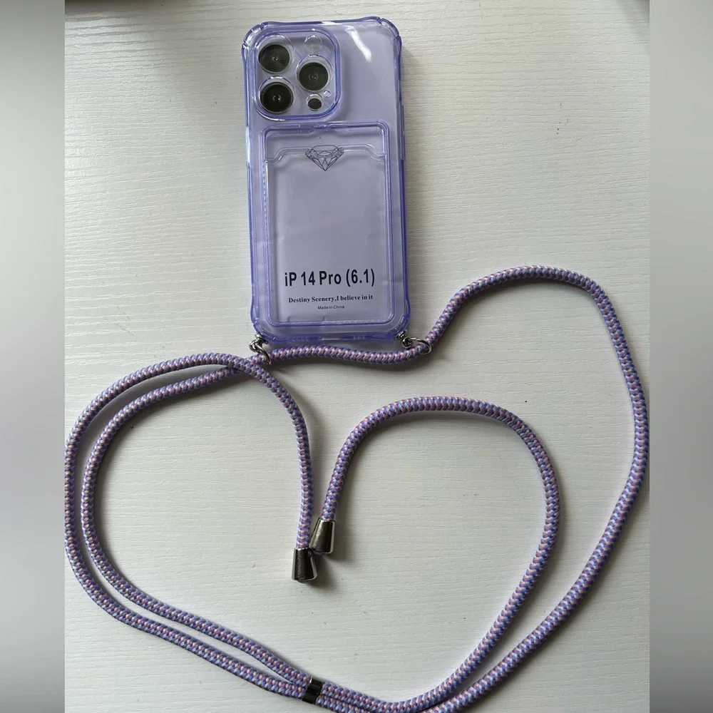 NWOT IPhone 14 Pro case built in card holder crossbody length lanyard purple - Picture 5 of 5